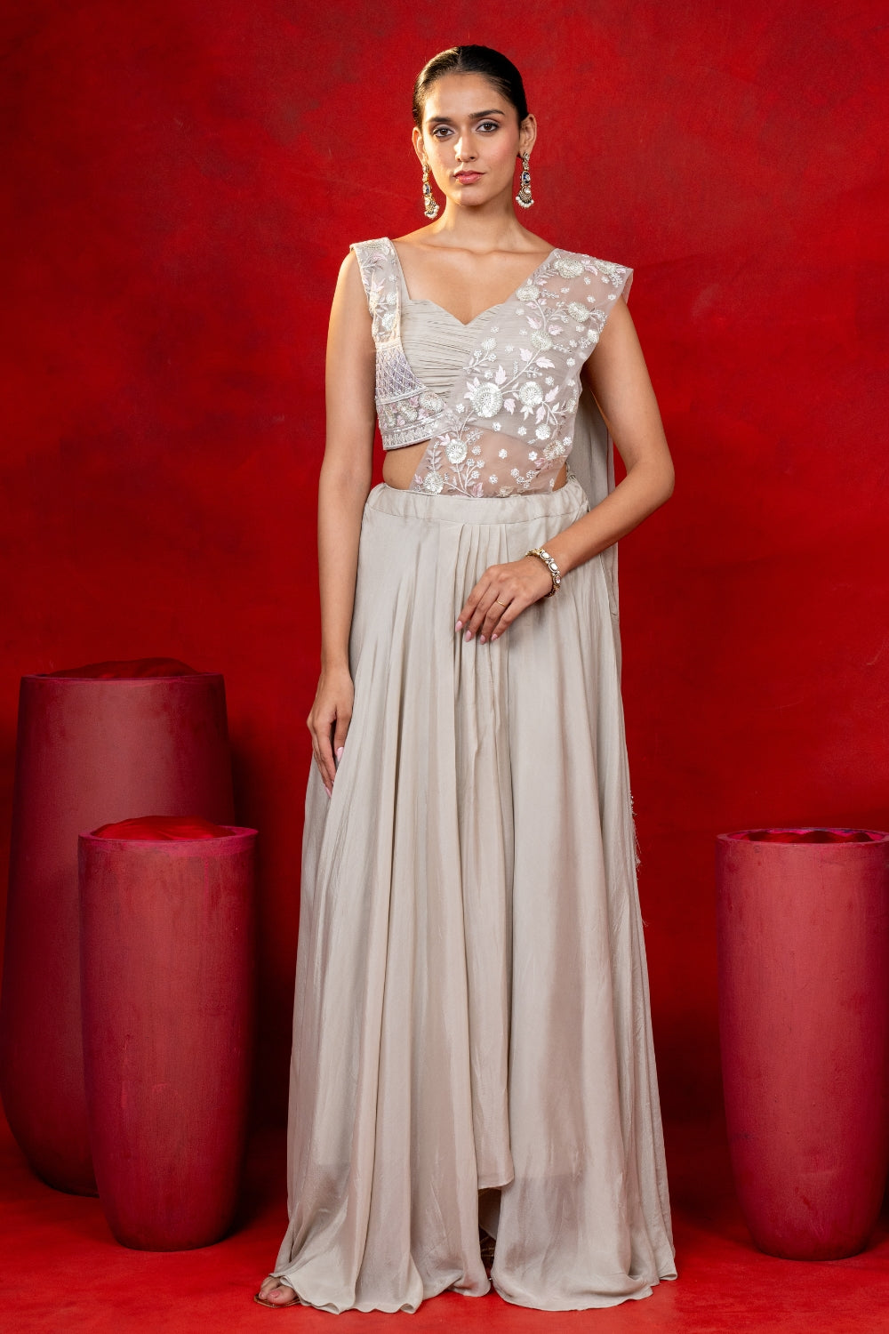 Grey Georgette Pre-Draped Saree with Sequins and Resham Embroidery