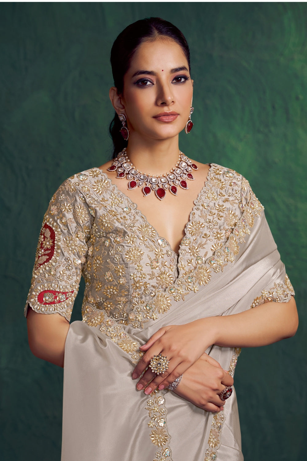 Grey Silk Saree with Beads and Zardosi Work