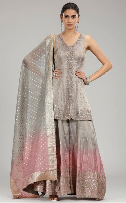 Grey Tissue Palazzo Set with Mirror and Cutdana Work