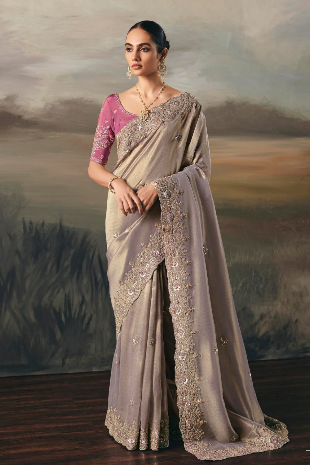 Grey Tissue Saree with Mirror and Thread Work