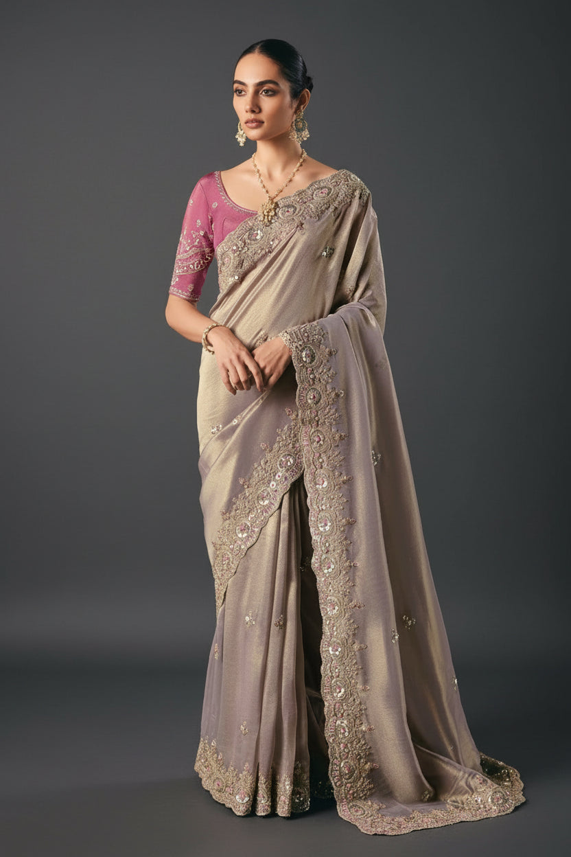 Grey Tissue Saree with Mirror and Thread Work