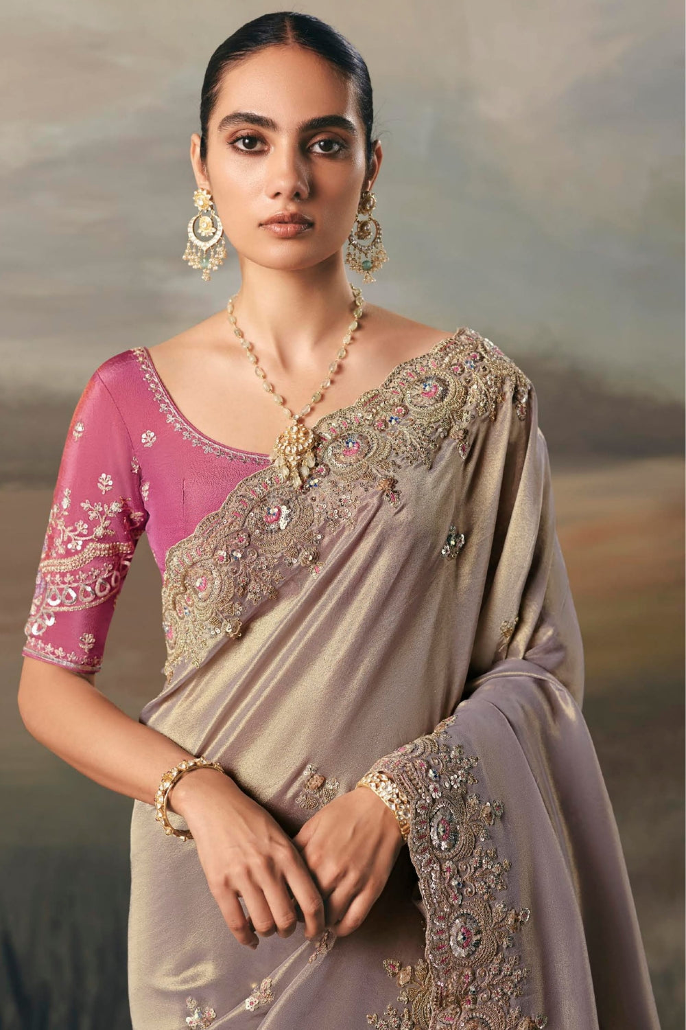 Grey Tissue Saree with Mirror and Thread Work