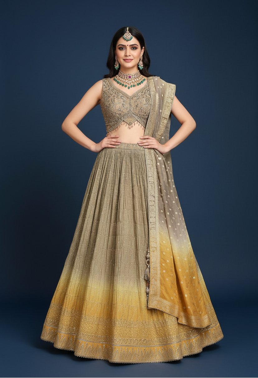 Grey & Yellow Georgette Lehenga Choli with Sequins and Stone Work