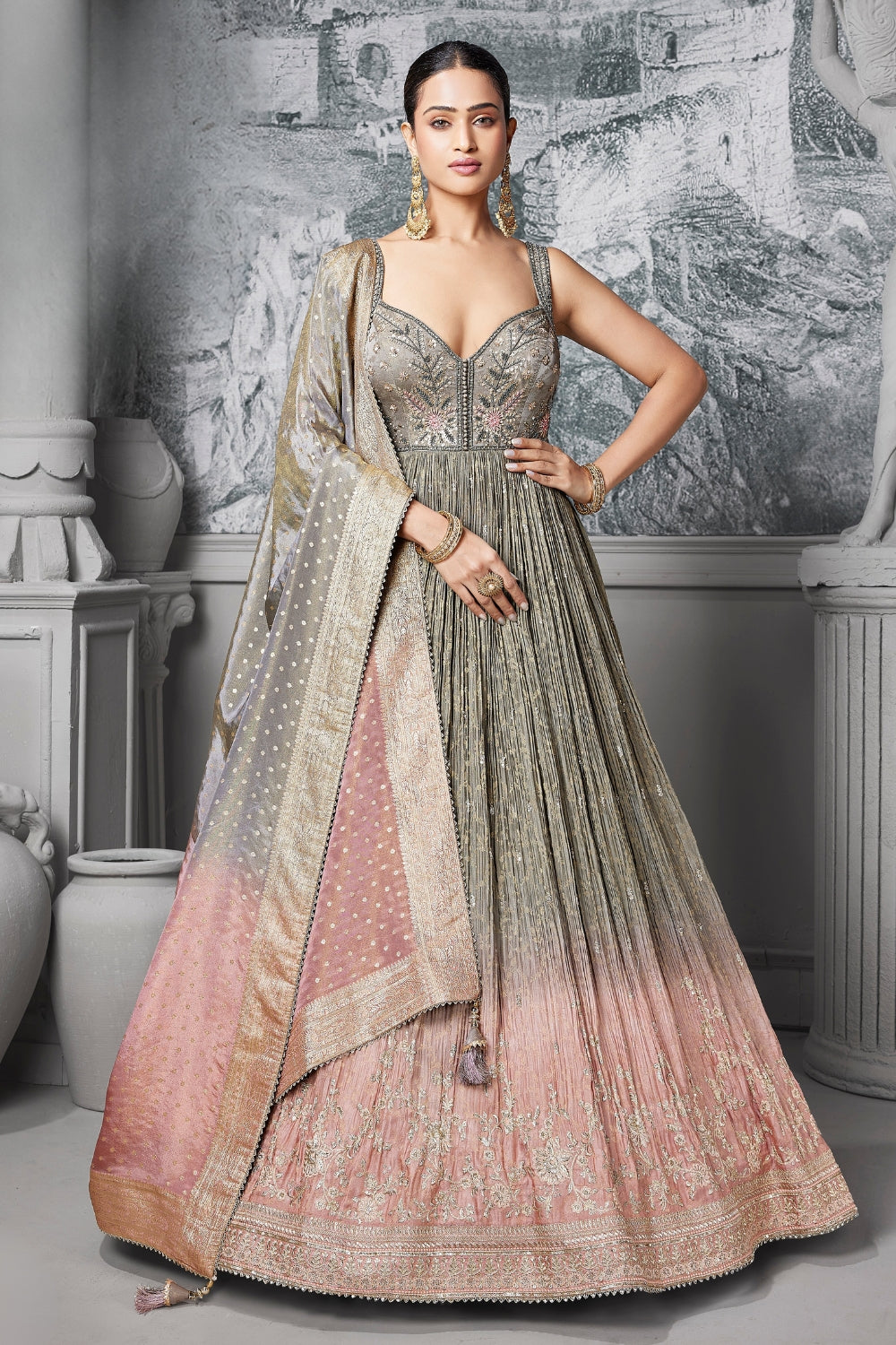 Grey and Pink Tissue Anarkali Set with Sequins and Embroidery Work