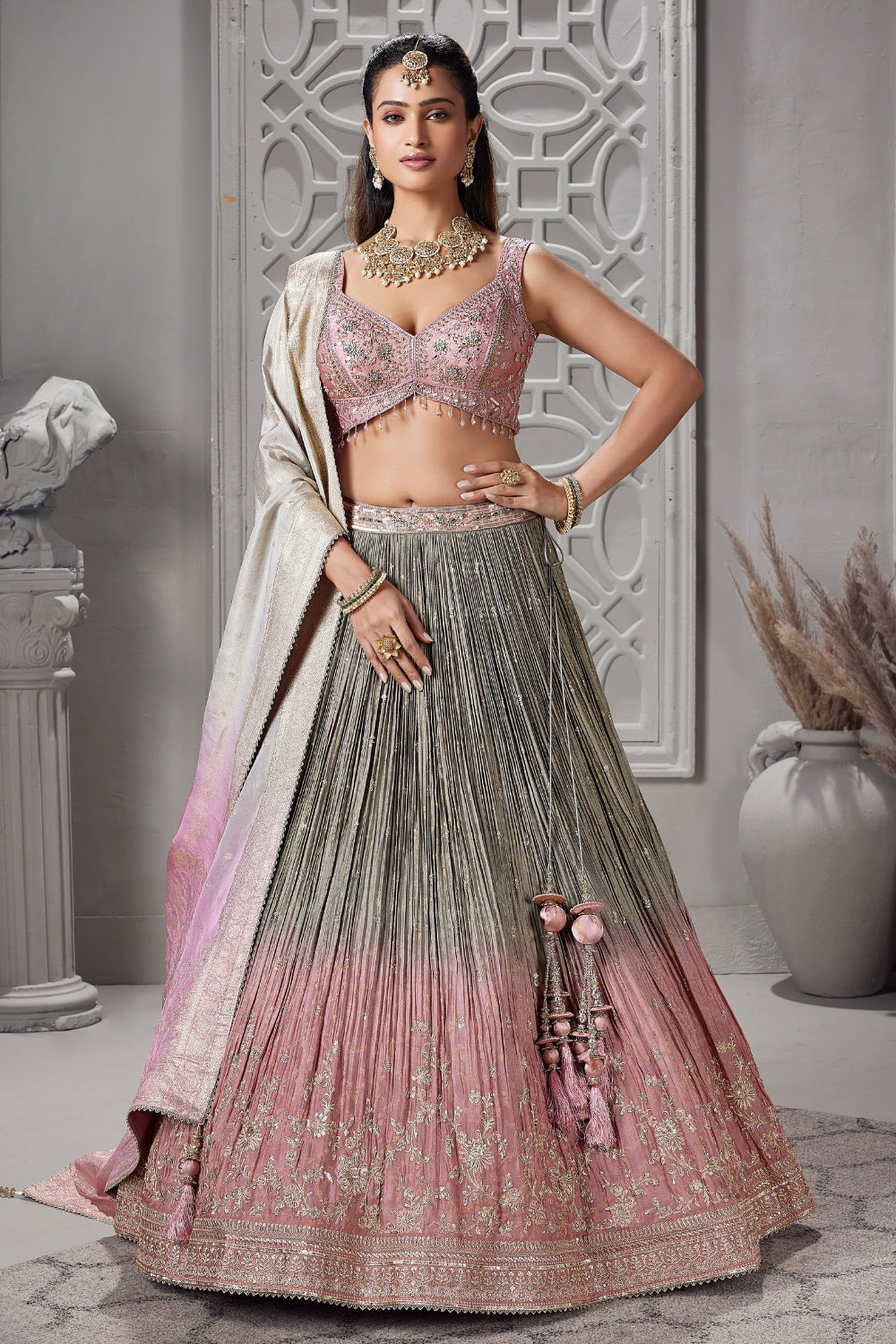Grey and Pink Tissue Lehenga Set with Embroidery and Sequins Work