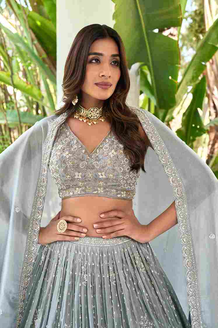 Light Grey Silk Lehenga Choli with V Neck and Hand Embroidery