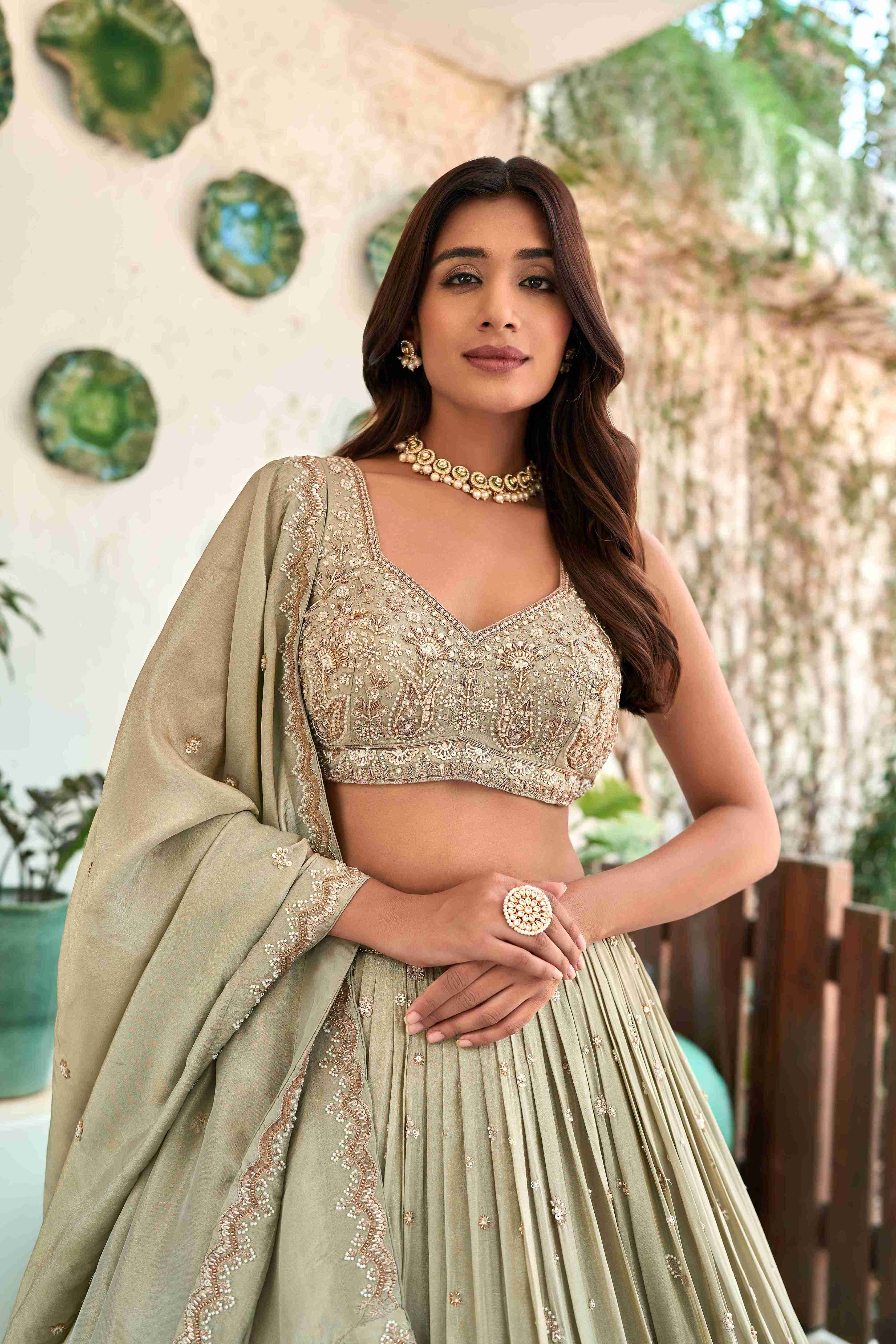 Light Pista Silk Lehenga Choli with Sweetheart Neck and Hand Embroidery