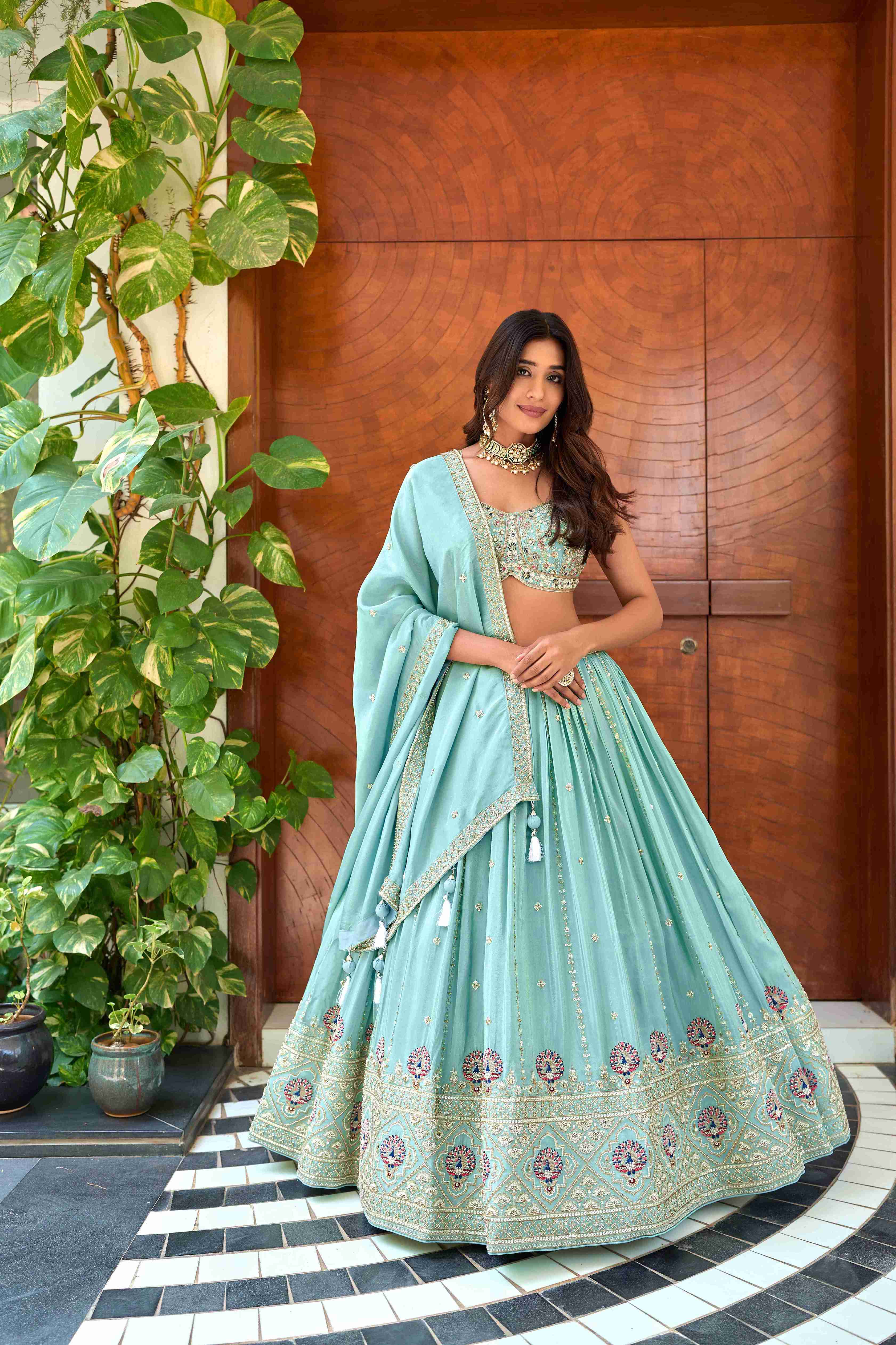 Pista Green Silk Lehenga Choli with Sweetheart Neck
