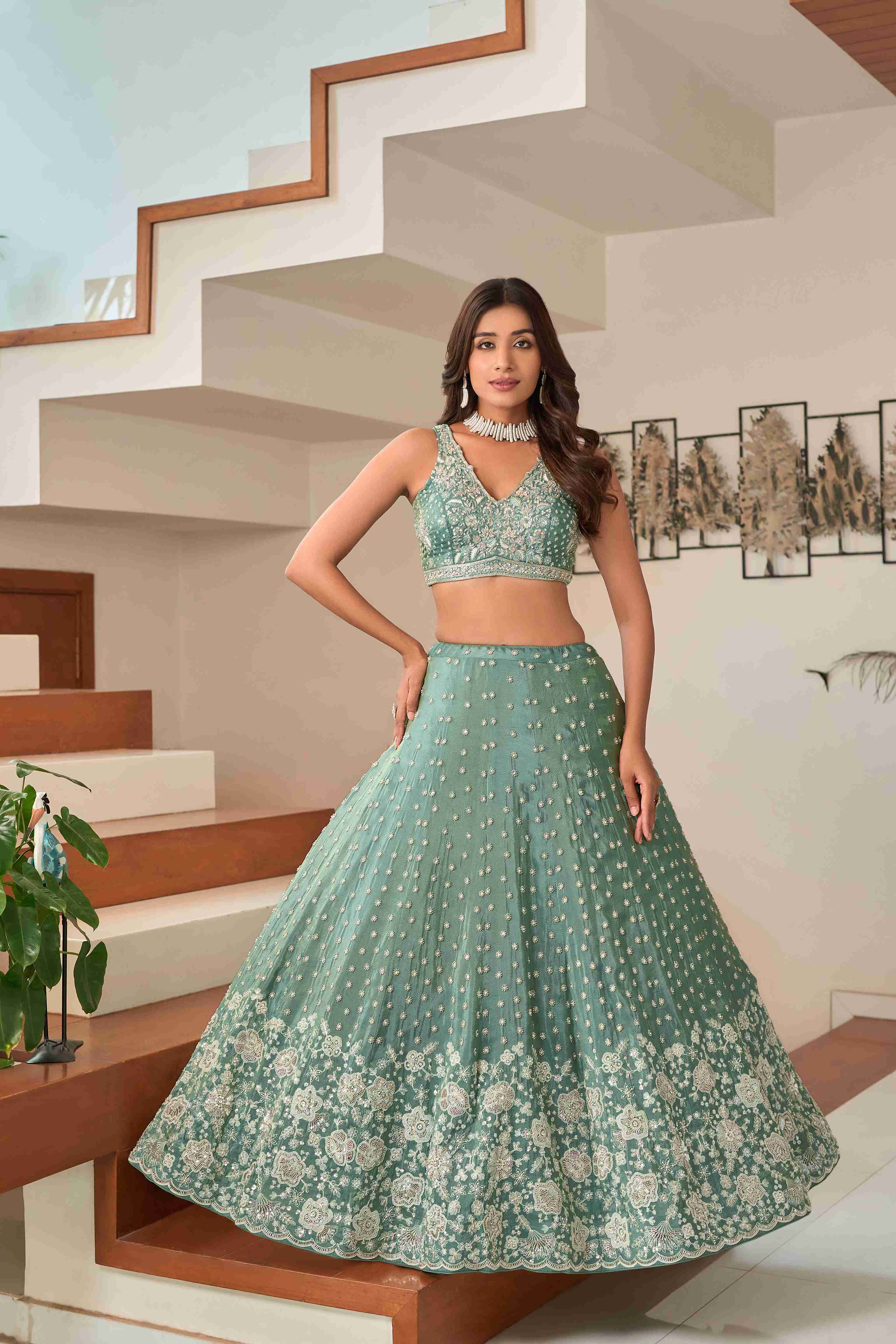 Sage Green Silk Lehenga Choli With Hand Embroidery