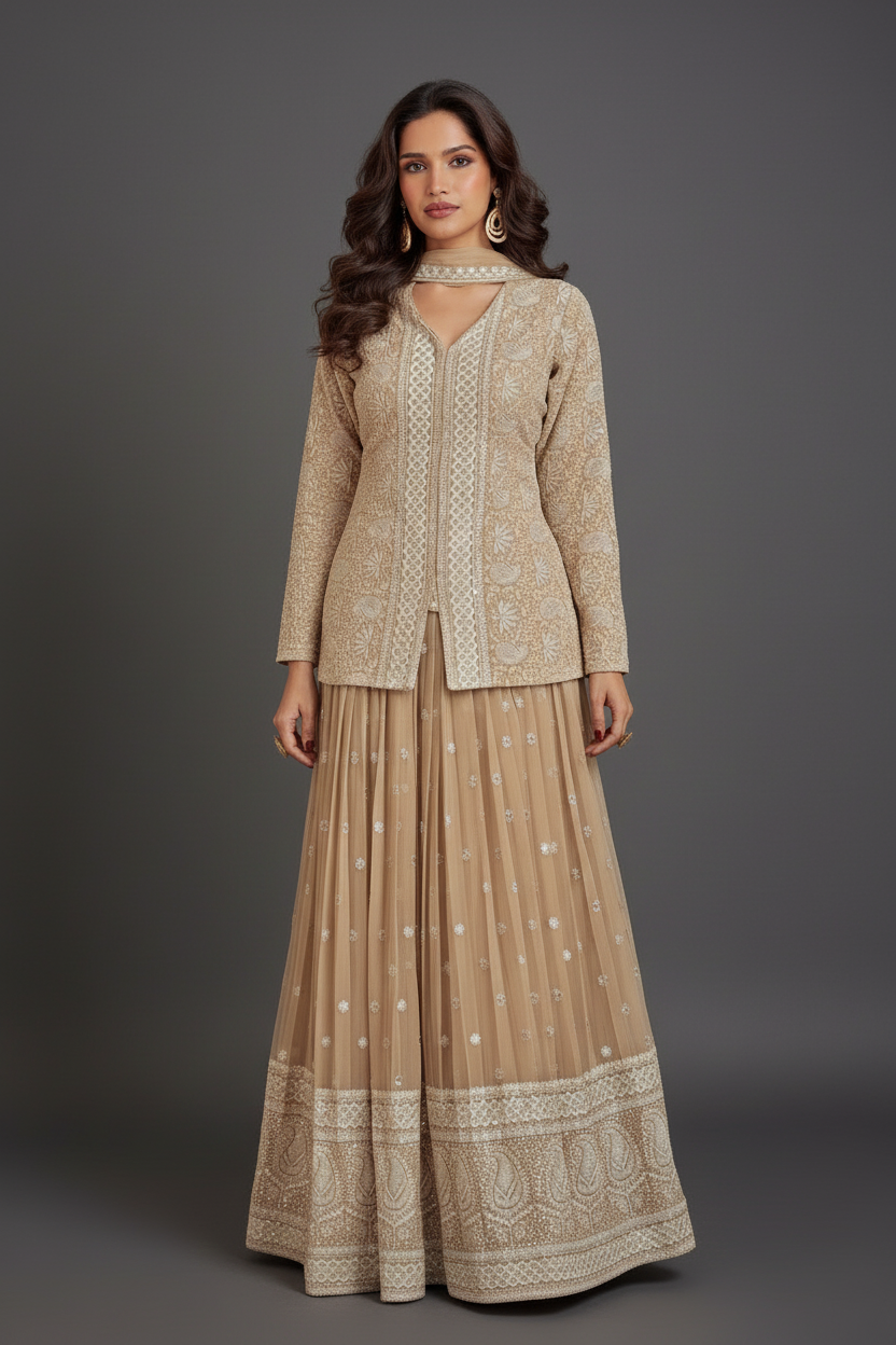 BROWN GEORGETTE INDO-WESTREN WITH EMBROIDERY AND SEQUINS