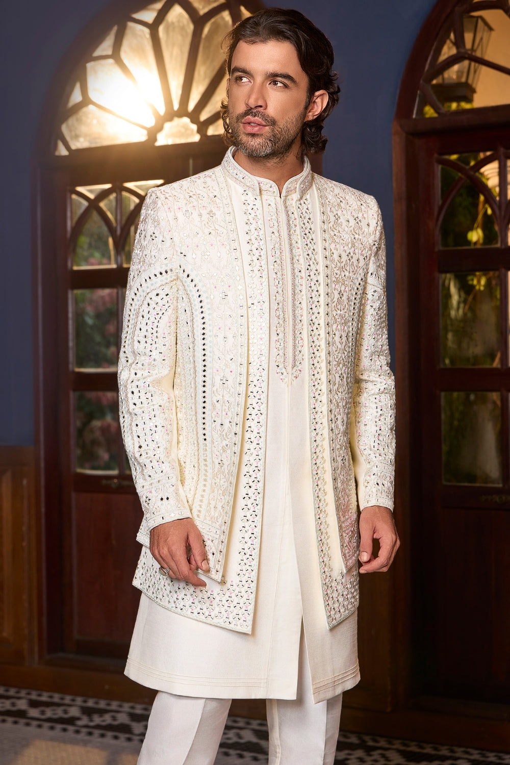 IVORY SILK INDO WESTERN WITH MIRROR AND EMBROIDERY