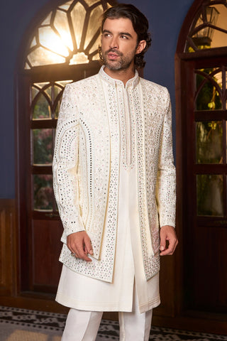 Ivory Silk Indo Western With Mirror And Embroidery