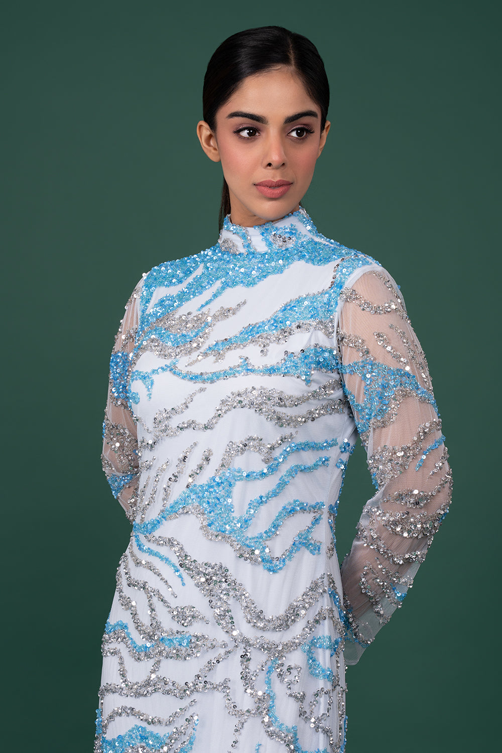 Ice Blue Tulle Gown with Silver and Blue Abstract Sequin "Flame" Patterns