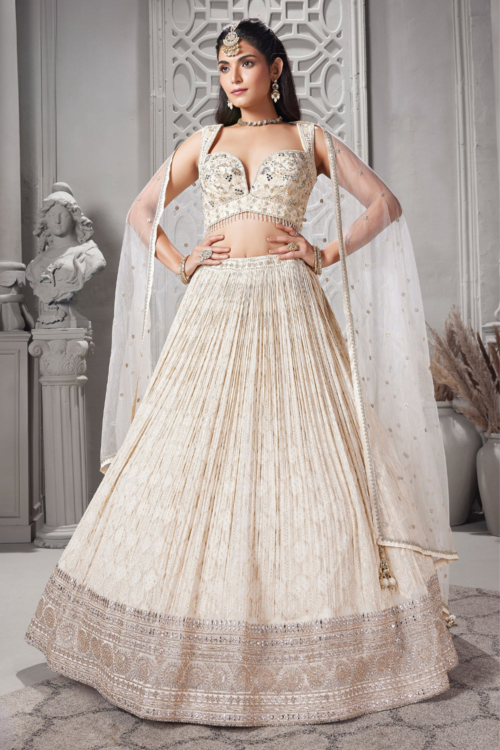 Ivory Chinon Lehenga Set with Sequins and Zari Work