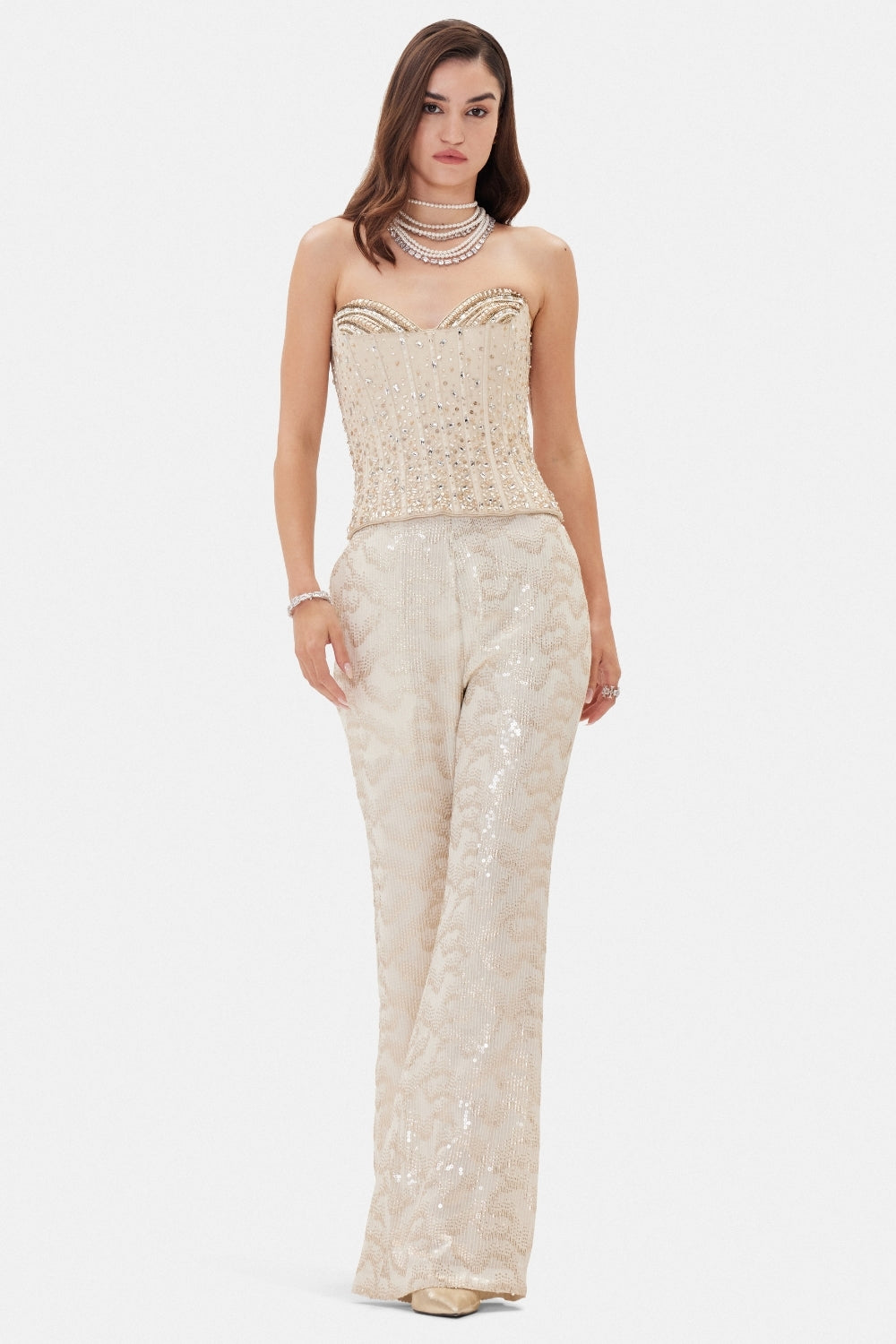 Ivory Georgette Co-ord Set with Cutdana and Moti Work