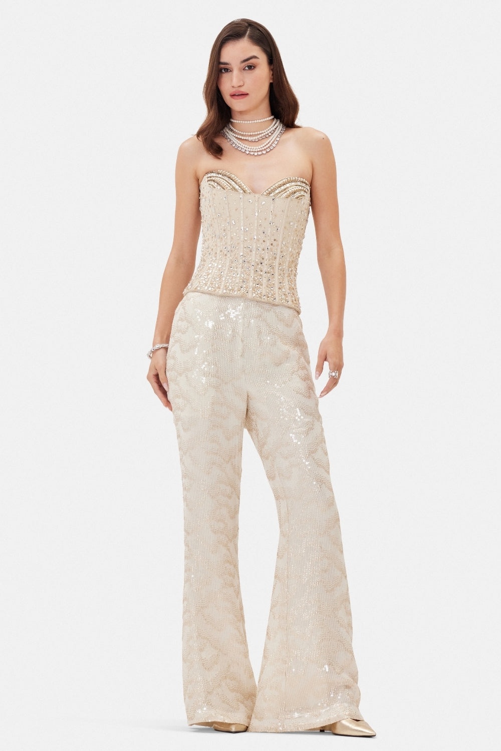 Ivory Georgette Co-ord Set with Cutdana and Moti Work