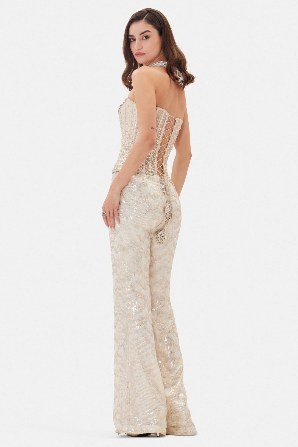 Ivory Georgette Co-ord Set with Cutdana and Moti Work