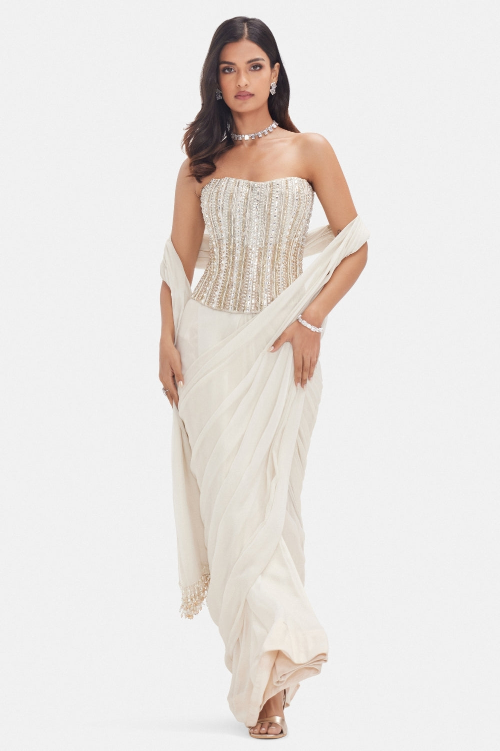 Ivory Georgette Drape Corset Saree with Cutdana and Sequins