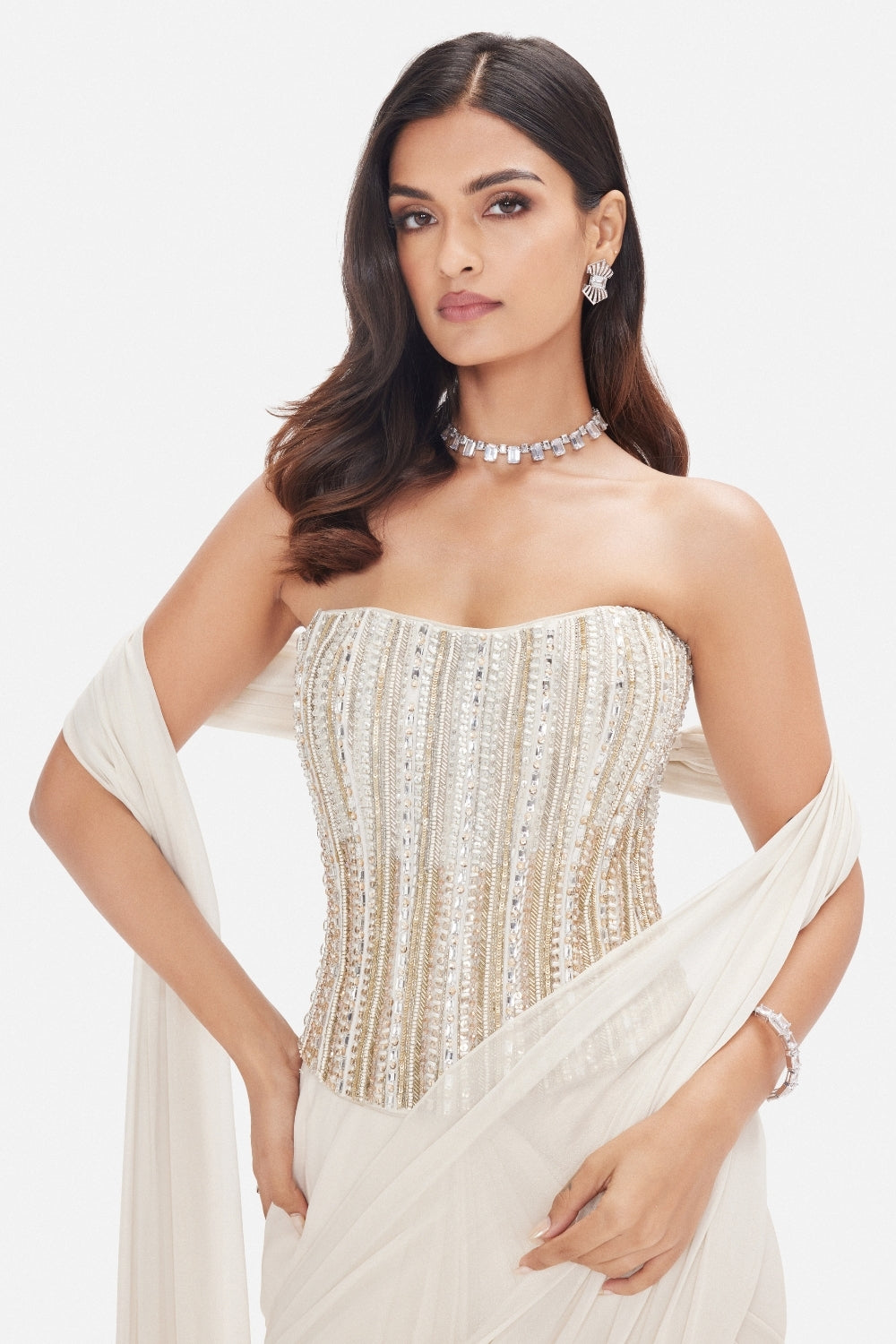 Ivory Georgette Drape Corset Saree with Cutdana and Sequins