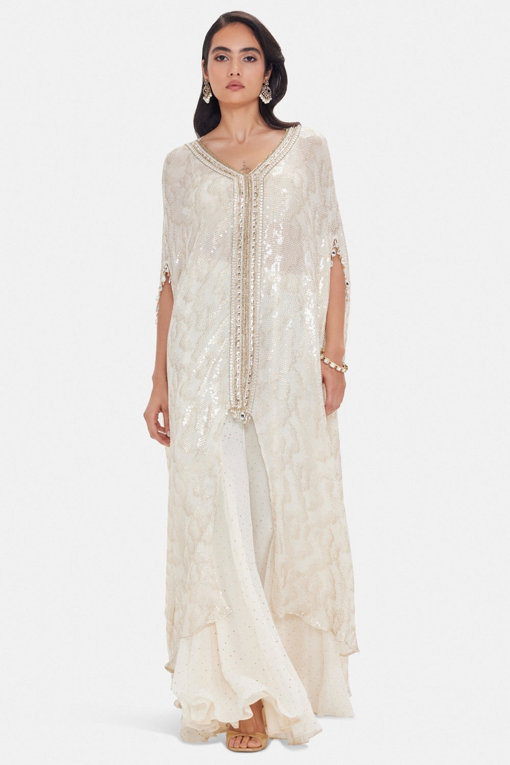 Ivory Georgette Kaftan Set with Cutdana and Sequins Work