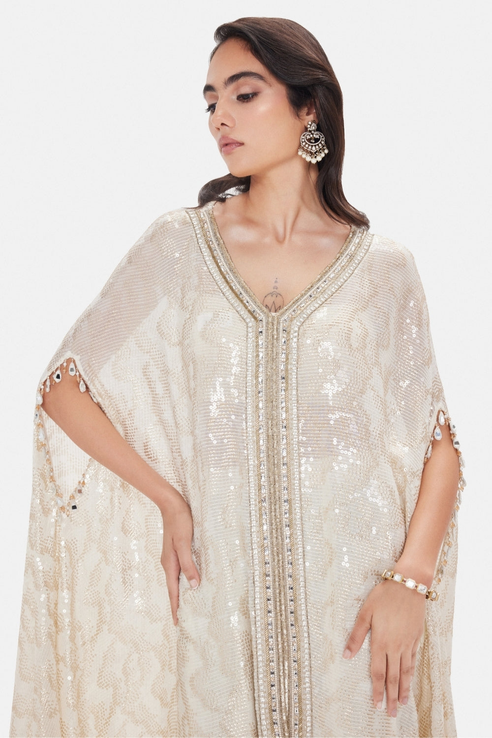 Ivory Georgette Kaftan Set with Cutdana and Sequins Work
