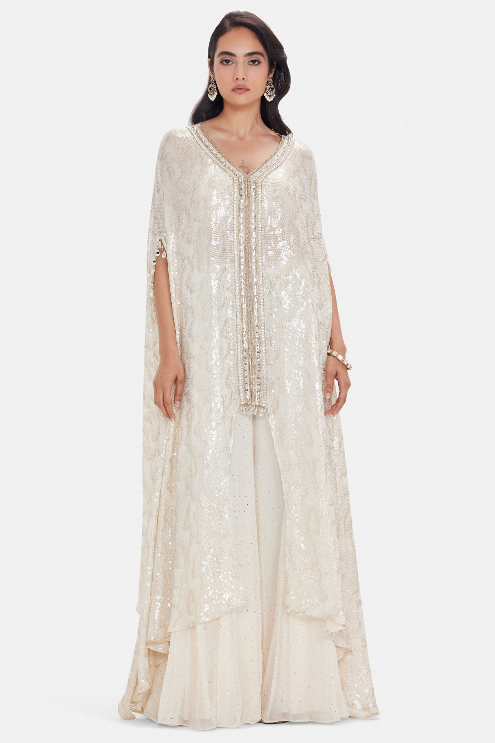 Ivory Georgette Kaftan Set with Cutdana and Sequins Work