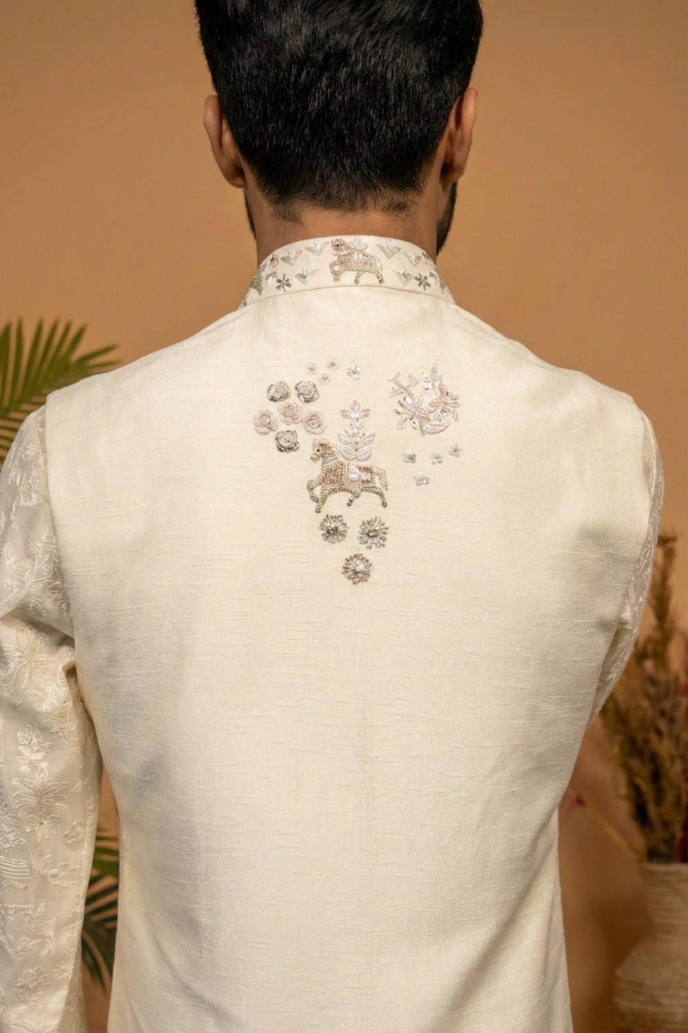 Ivory Georgette Kurta and Koti Set with Cutdana and Moti Work