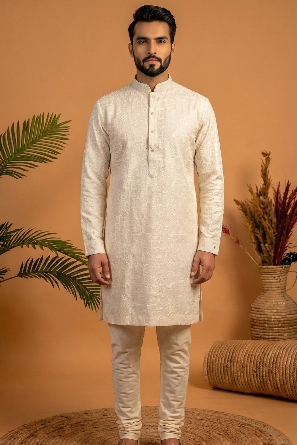 Ivory Georgette Kurta and Koti Set with Cutdana and Moti Work