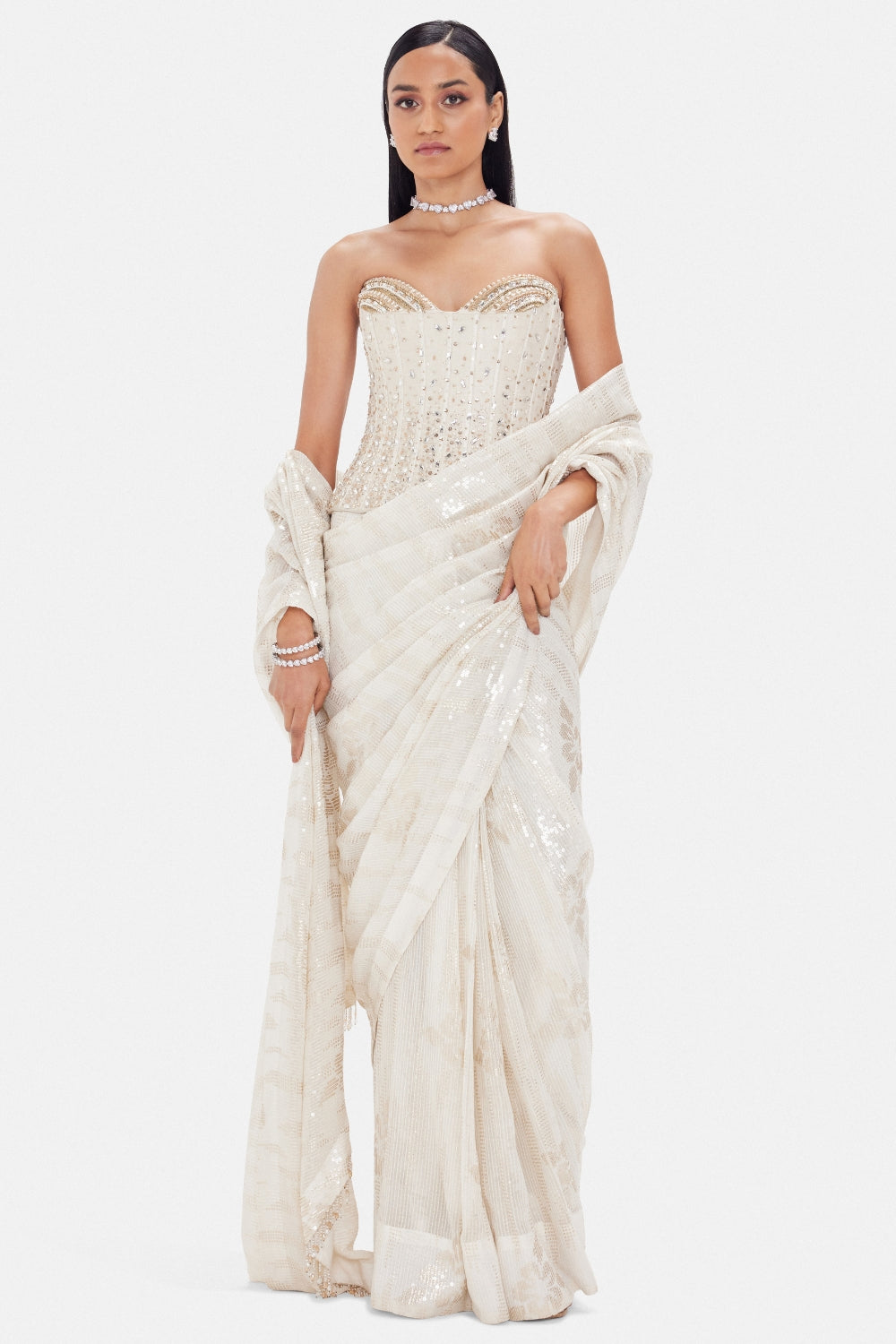 Ivory Georgette Pre-Draped Saree With Co-ord Set Blouse and Cutdana Work