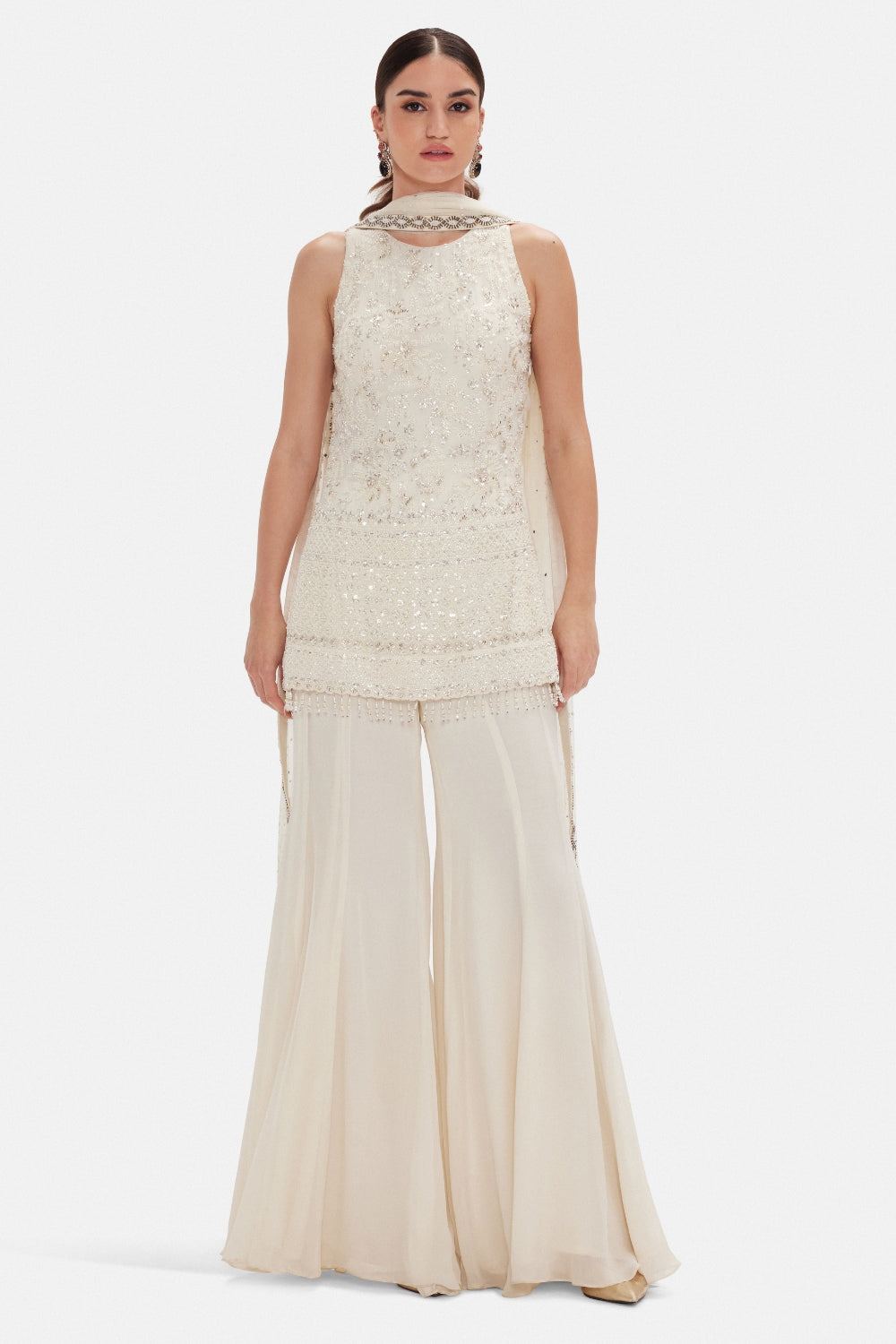 Ivory Georgette Sharara Set with Cutdana and Beads