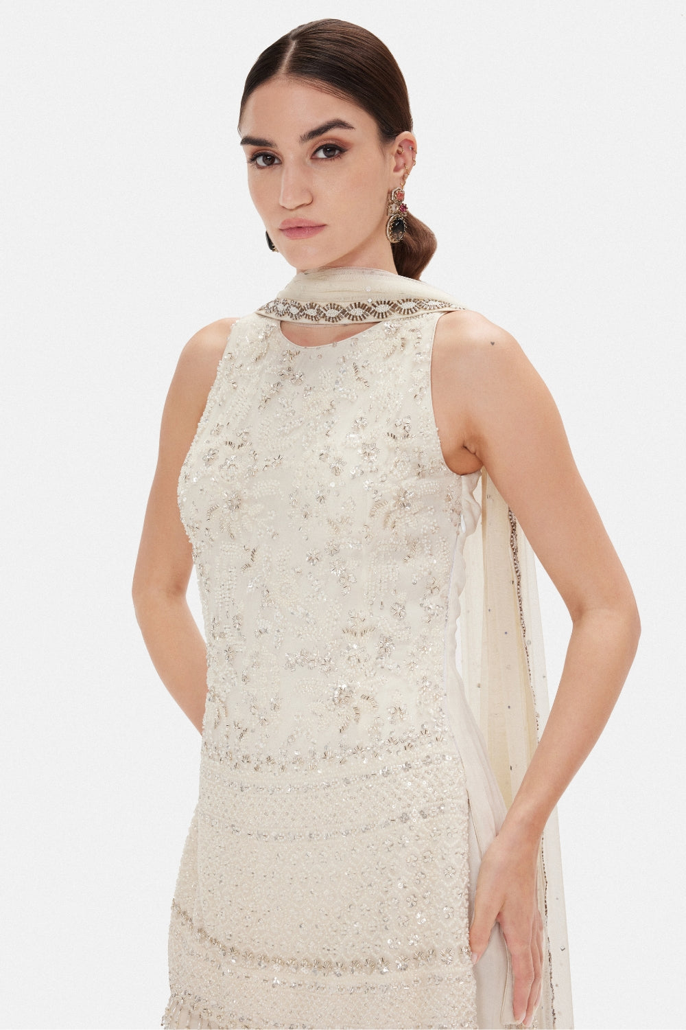 Ivory Georgette Sharara Set with Cutdana and Beads