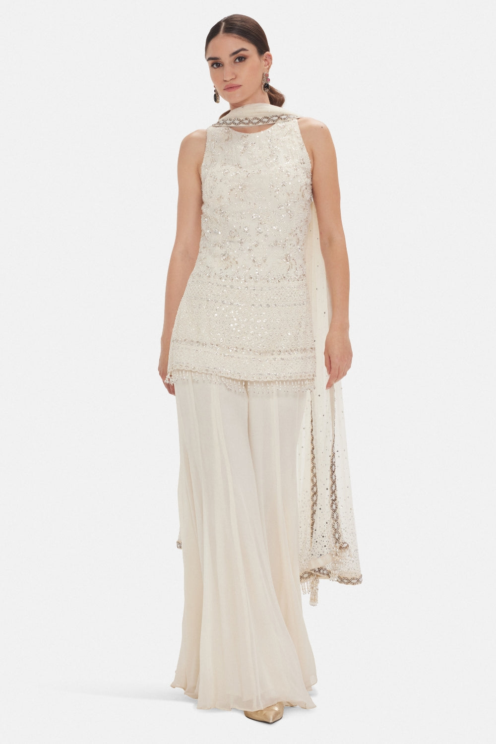 Ivory Georgette Sharara Set with Cutdana and Beads