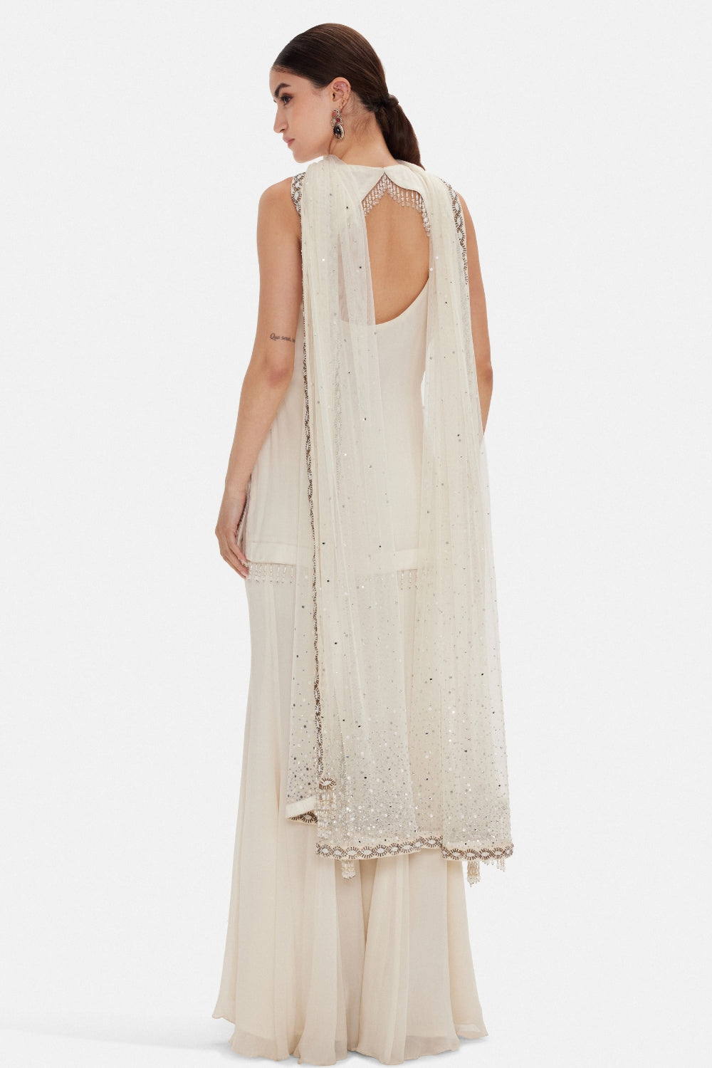 Ivory Georgette Sharara Set with Cutdana and Beads