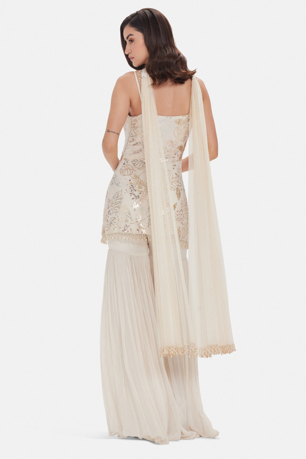 Ivory Georgette Sharara Set with Cutdana and Sequins Work