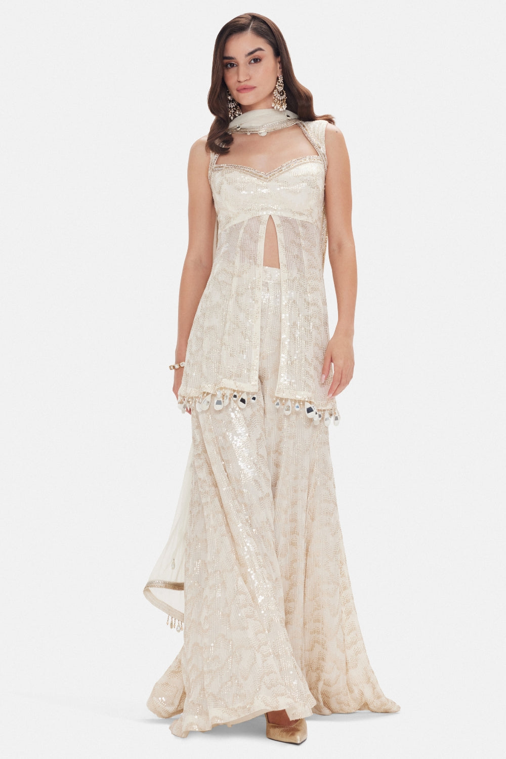 Ivory Georgette Sharara Set with Cutdana and Sequins Work