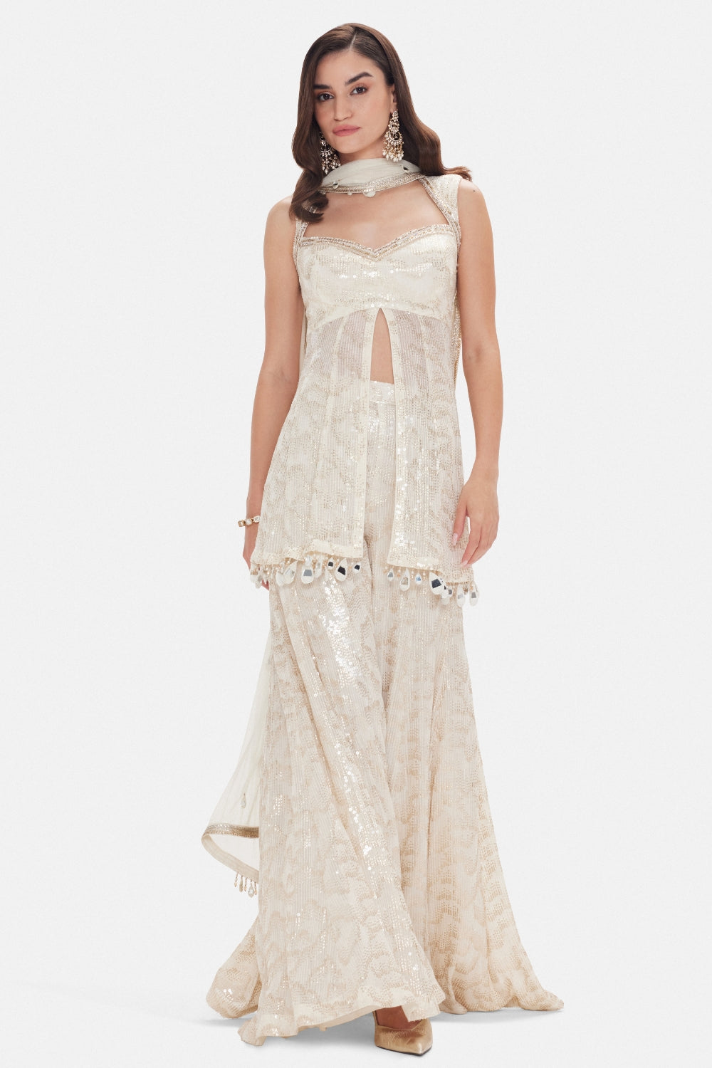 Ivory Georgette Sharara Set with Cutdana and Sequins Work