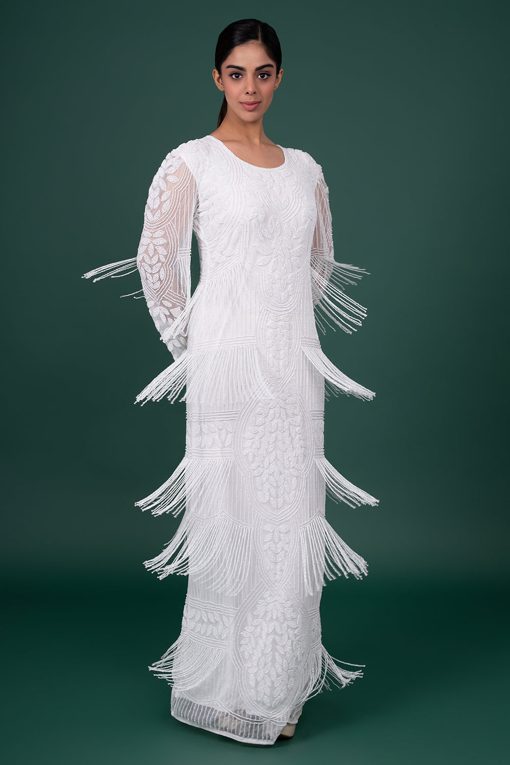 Ivory Leaf-Motif Sequin and Bead-Work Georgette Fringe Gown