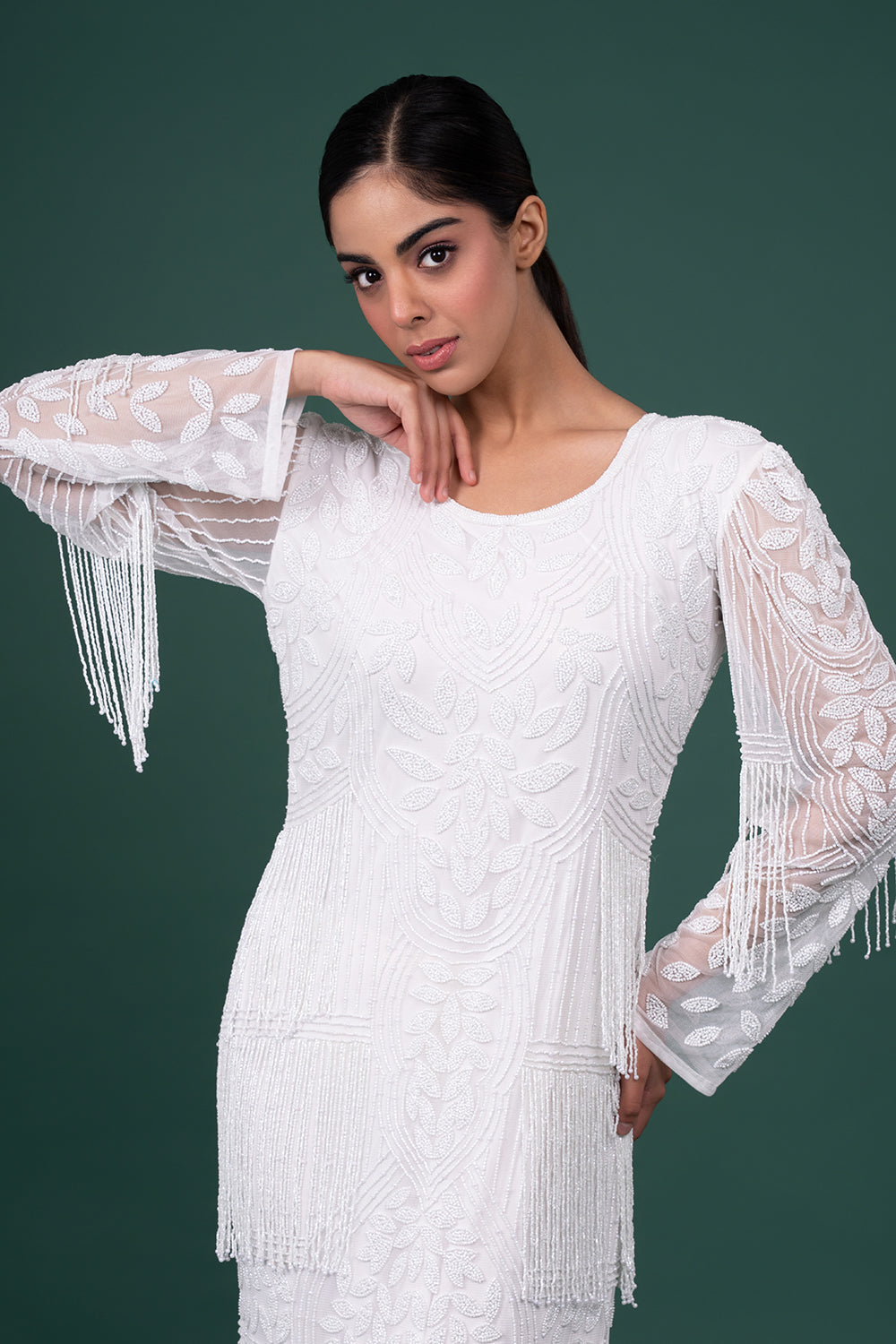 Ivory Leaf-Motif Sequin and Bead-Work Georgette Fringe Gown