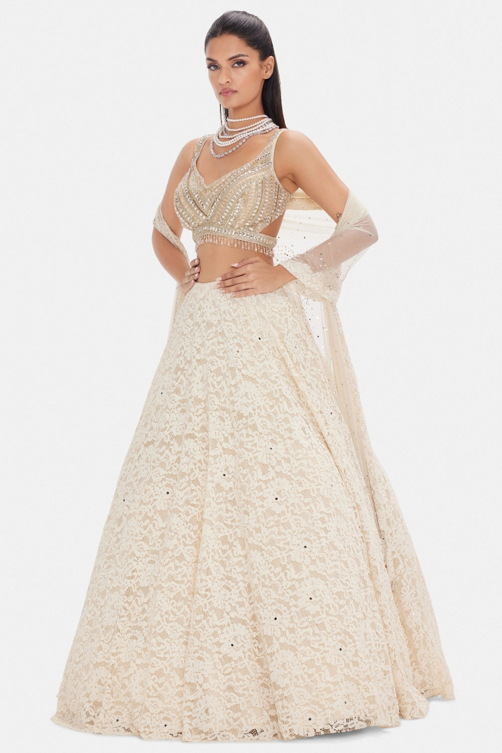 Ivory Net Lehenga Set with Sequins and Moti Work