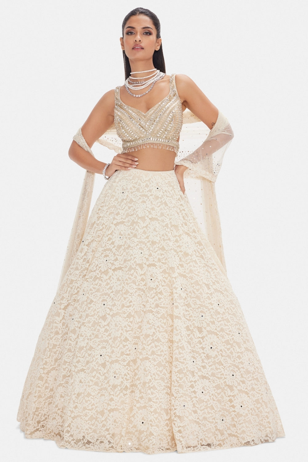 Ivory Net Lehenga Set with Sequins and Moti Work