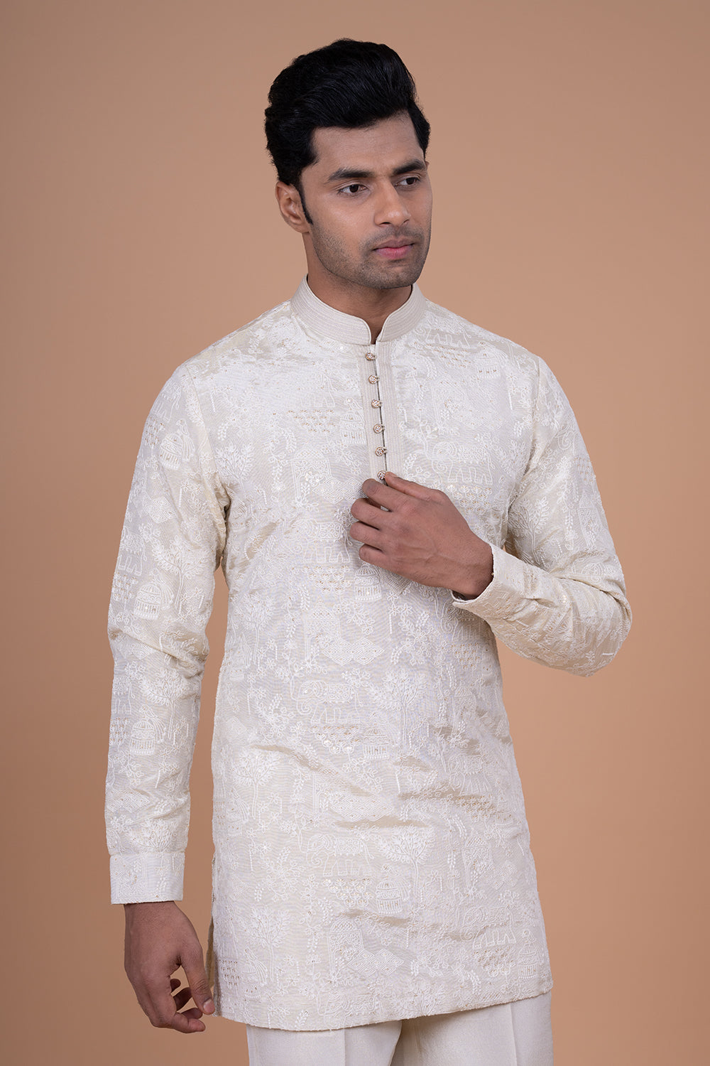Ivory Raw Silk Bundi Jacket with Pastel Floral Thread Work and Mirror Accents.
