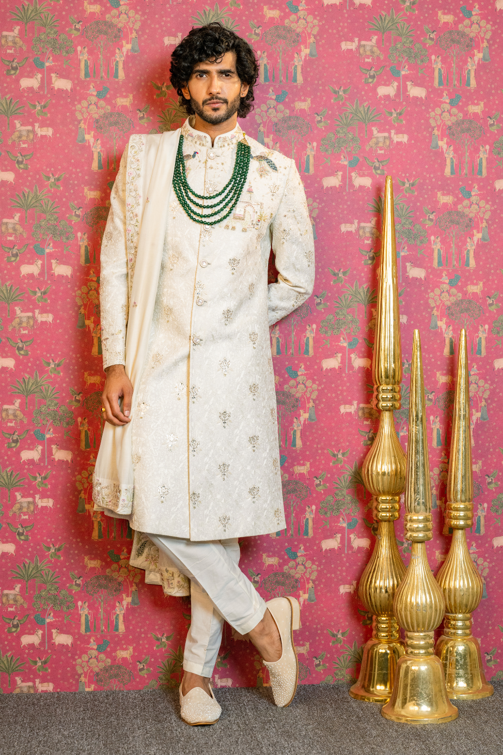Ivory Silk Jacquard Sherwani with Resham and Zardosi Work