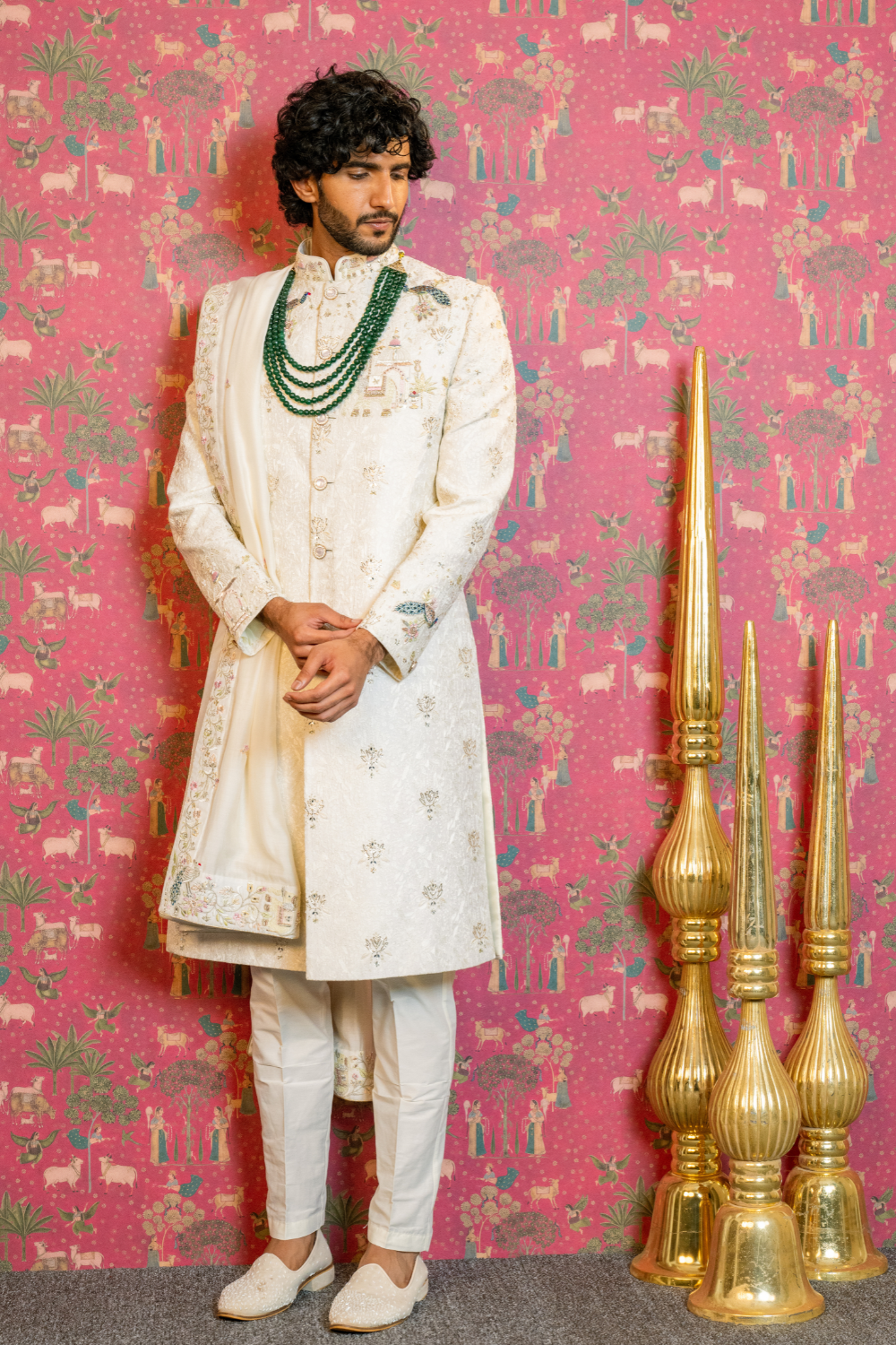 Ivory Silk Jacquard Sherwani with Resham and Zardosi Work