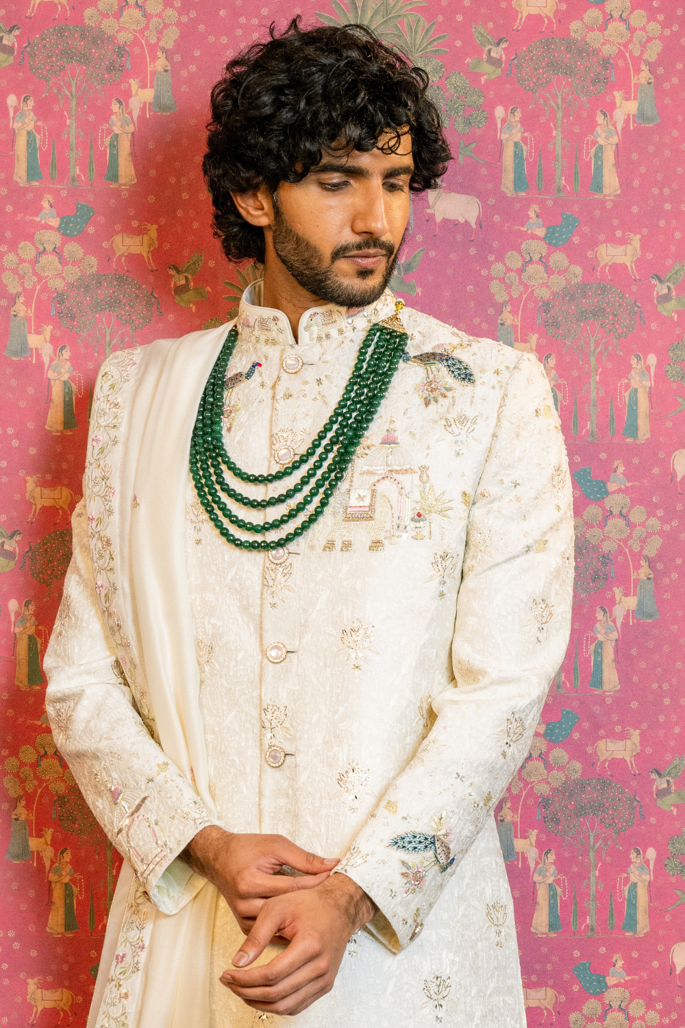 Ivory Silk Jacquard Sherwani with Resham and Zardosi Work