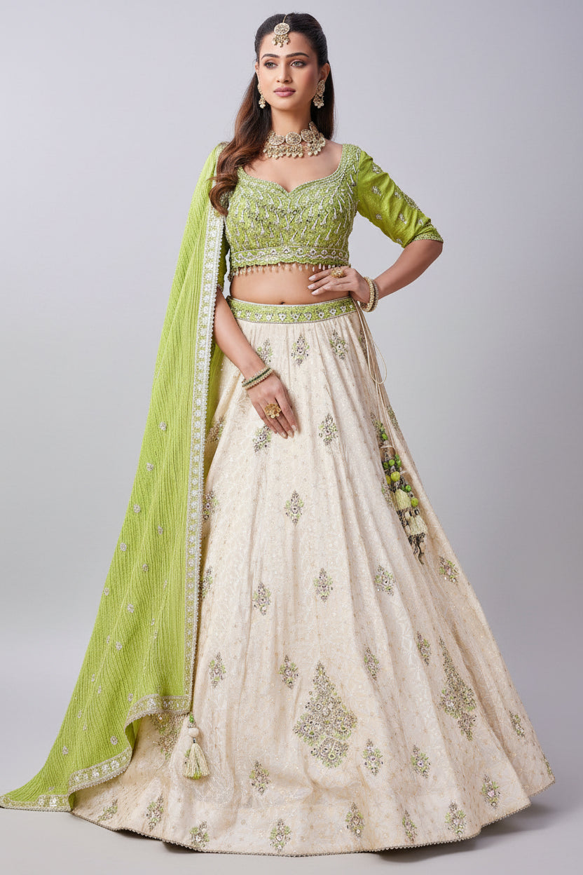 Ivory Silk Lehenga Set with Mirror and Sequins Work