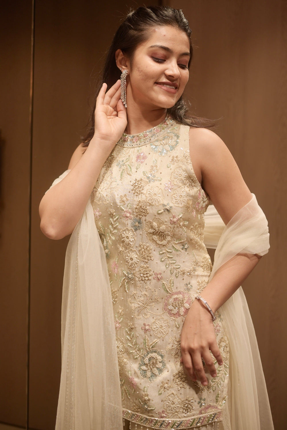 Ivory Simar Silk Indo Western with Moti and Sequins Work