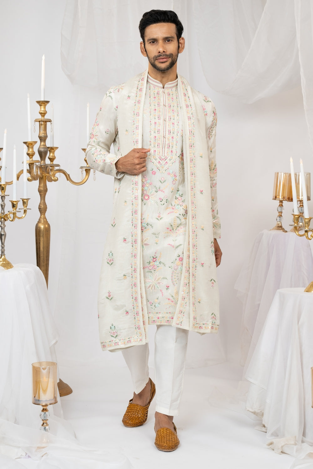 Ivory Tissue Silk Kurta Set with Sequins and Resham Embroidery
