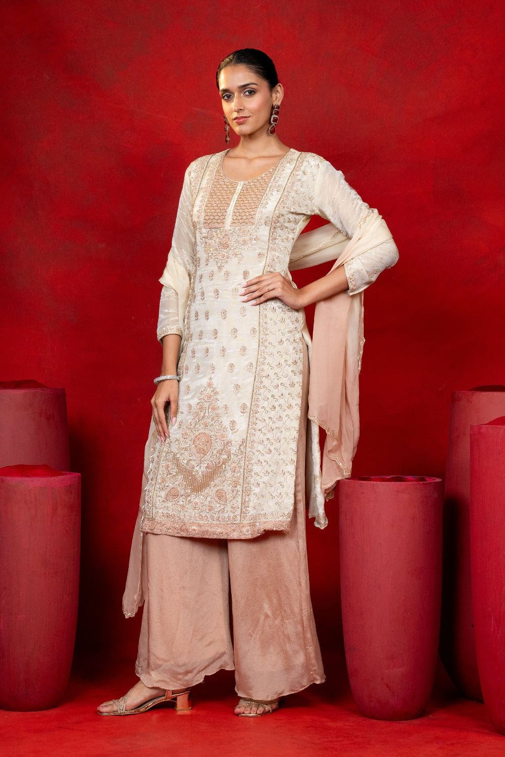 Ivory Tissue Suit Set with Cutdana and Zardosi Work