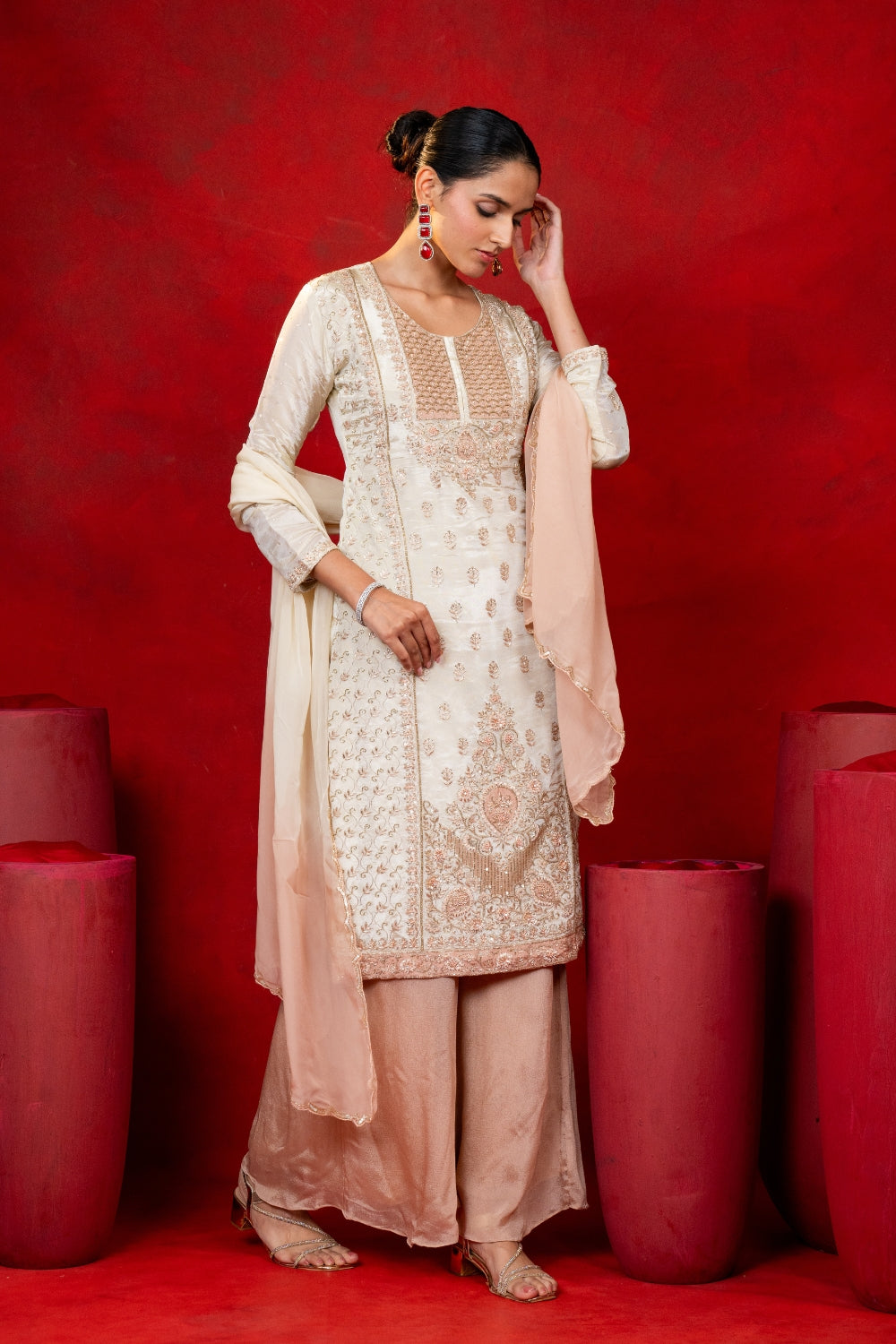Ivory Tissue Suit Set with Cutdana and Zardosi Work