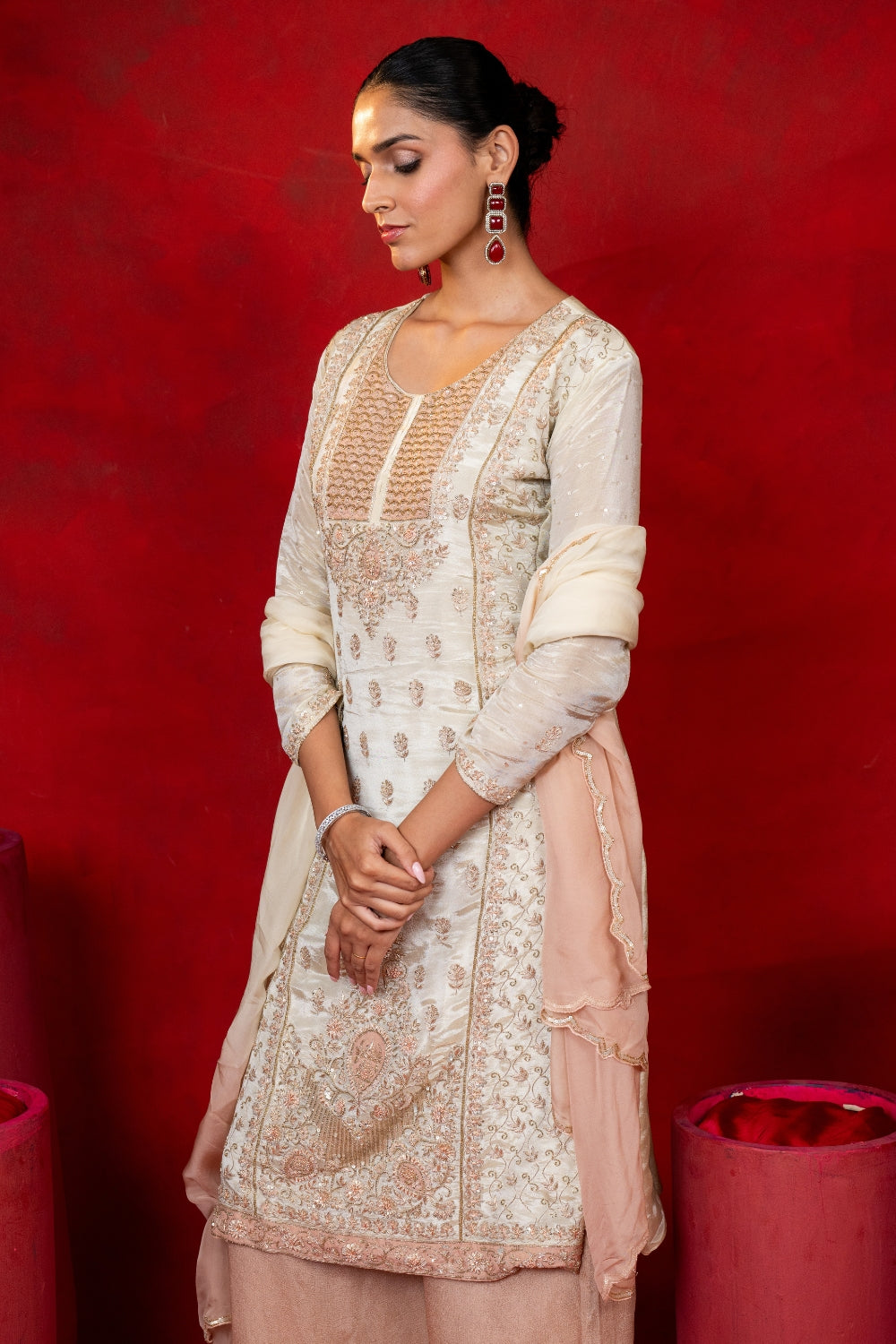 Ivory Tissue Suit Set with Cutdana and Zardosi Work